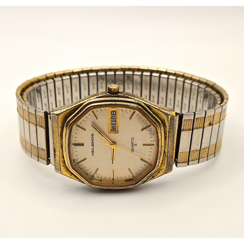 Helbros 87161/2 Quartz Day/Date Octagon Two Tone,Stretch Band Mens Watch. *READ*